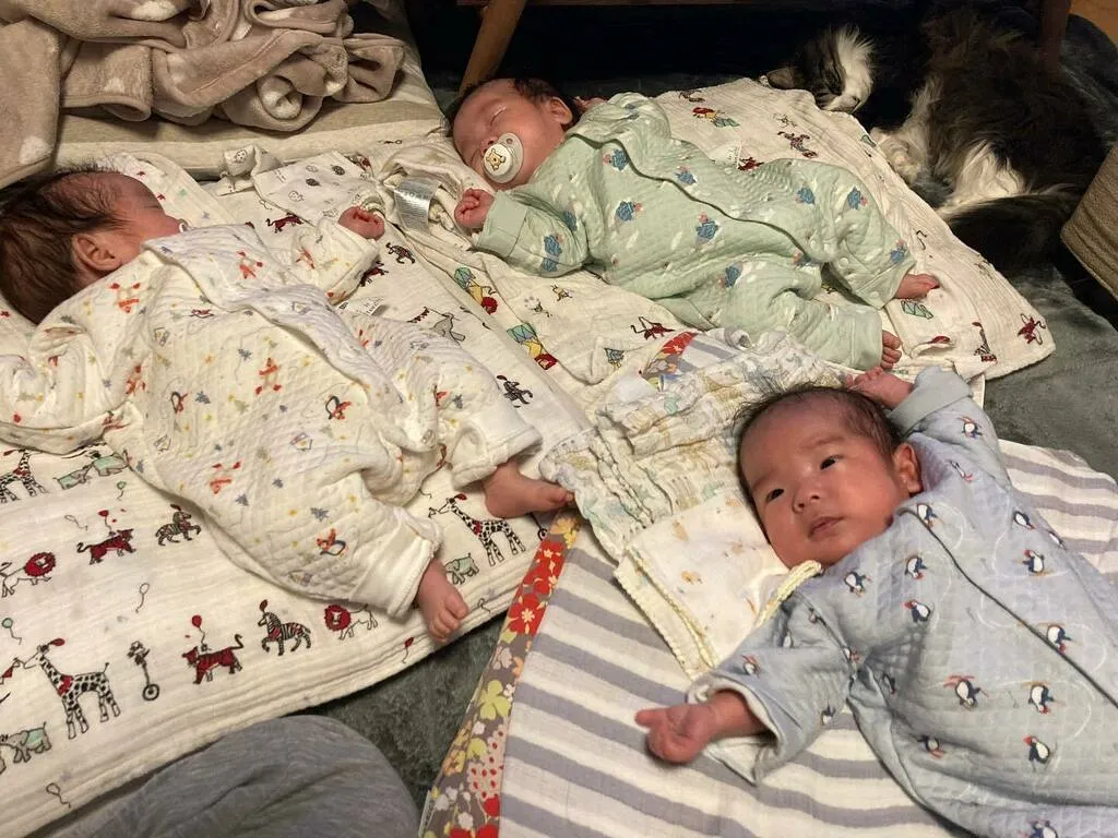 布団で並ぶ三つ子の後ろに寝そべるくるみ