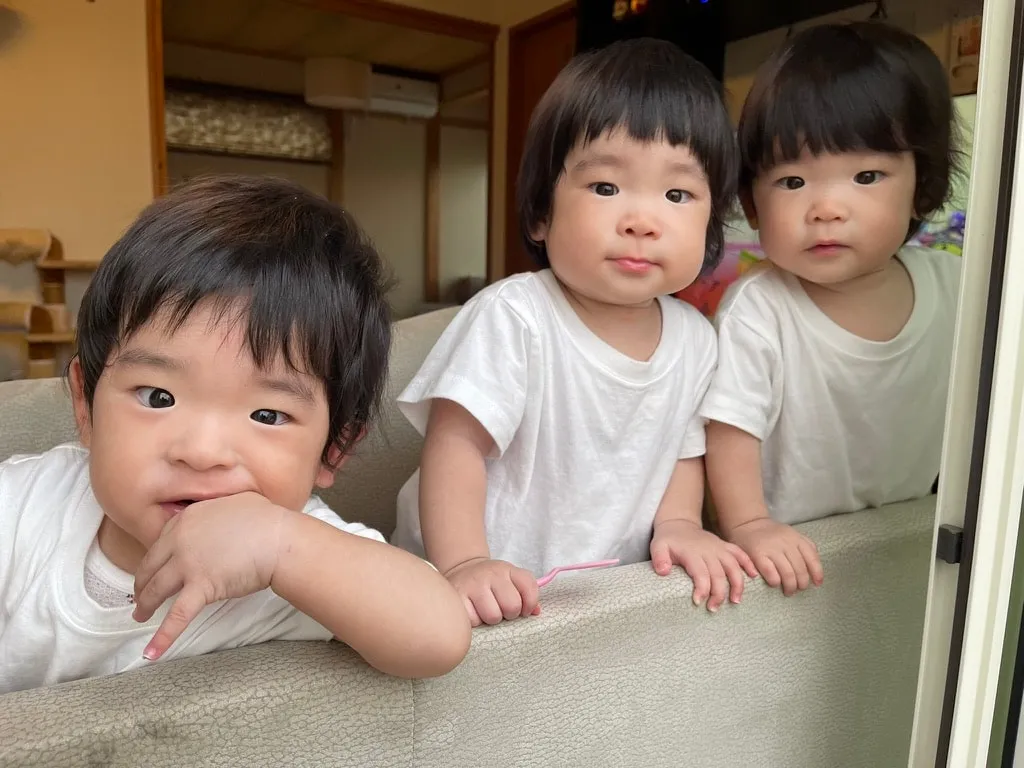 窓辺に並んでこちらを見る三つ子
