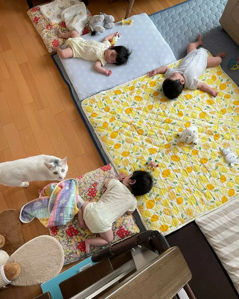 別々の布団で眠る三つ子と、そのそばにいるだいごろう
